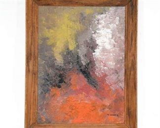 Subdued Abstract Yellow, White, Black & Red Painting On Board, Framed