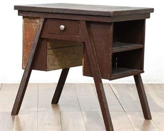 Unique Vintage Wooden 1-Drawer Desk With Shelves, Finish Damaged