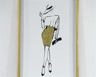 Chic Hand Painted Fashionista Drawing, Signed & Framed