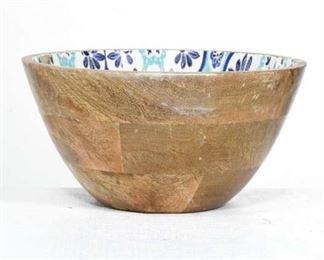 Vibrant Blue & White Mango Wood Bowl, Slight Chips Inside Bowl