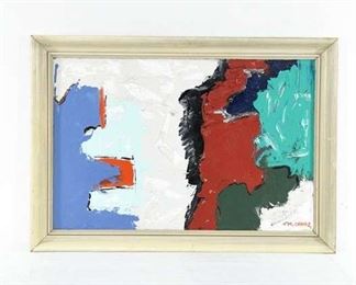 Abstract White, Red, Green Art Painting On Board, Framed