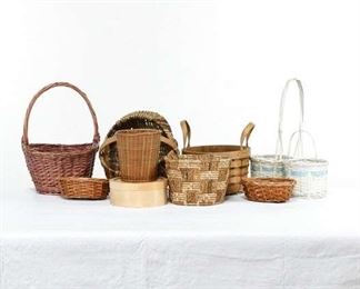 Variety Of Small Brown, Tan, Or White Woven Baskets, 9 Pieces