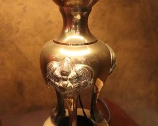 A Pair of Wonderful Foo Dog Hollywood Regency Chinoiserie Brass Lamps