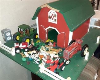 Vintage wood barn playset with plastic animals