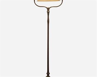 11
A Tiffany Studios Harp Floor Lamp
Circa 1902-1919; New York, NY
Shade signed: L.C.T.; Base signed: Tiffany Studios / New York / 423 H
The green and cream iridescent Favrile glass shade with pulled feather motif on a single-light patinated bronze harp base with plain stem and floral socket cover raised on five curved legs with spade feet, electrified
Overall: 57" H x 16" Dia.; Shade: 12" Dia.
Estimate: $5,000 - $7,000