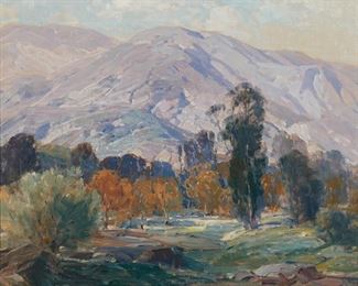 27
Hanson Duvall Puthuff
1875-1972, Corona Del Mar, CA
"Peaceful Hills"
Oil on canvas
Signed lower left: H. Puthuff, titled on the frame plaque
20.25" H x 24.25" W
Estimate: $8,000 - $10,000