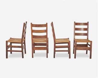 35
Four Gustav Stickley Ladder Back Oak Chairs, No. 306
Circa 1901-1916; Eastwood, NY
Each with Stickley shop mark [joiner's compass]
Each oak ladder back chair with three cross back rails over a woven rush seat atop four square legs joined by a box stretcher, 4 pieces
Each: 36" H x 16.875" W x 19" D
Estimate: $800 - $1,200