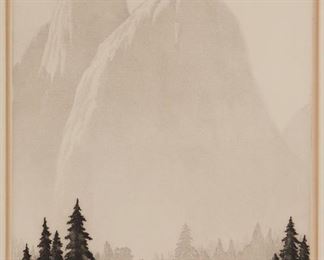 34
Harold L. Doolittle
1883-1974, Pasadena, CA
"Morning In Yosemite"
Aquatint on paper under glass
Signed in pencil lower right: H.L. Doolittle, titled in pencil lower left
Sheet: 16.25" H x 11.25" W; Image: 13.25" H x 9.75" W
Estimate: $1,000 - $1,500