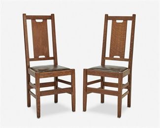 37
A Pair Of Gustav Stickley H-Back Chairs, No. 308
Circa 1901-1916; Eastwood, NY
One with Stickley shop mark [joiner's compass]
Each oak chair with straight top rail and H-back over an inset brown leather seat raised on four thin square legs joined by a box stretcher, 2 pieces
Each: 40" H x 16.75" W x 18" D
Estimate: $500 - $700