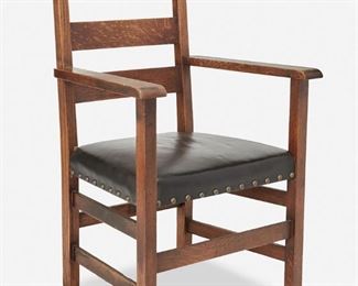 46
A Stickley Brothers Oak Ladder Back Armchair
Circa 1898-1916; Grand Rapids, MI
Metal tag: Stickley Bros. Co. / "Quaint" Furniture
The oak ladder back chair with three back cross rails over a black leather seat with nail stud trim atop four square legs joined by a box stretcher
37.75" H x 24.75" W x 19" D
Estimate: $200 - $300