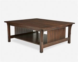 48
A Contemporary Stickley Oak Coffee Table
Late 20th/early 21st Century; Manlius, NY
Metal tag: Stickley Handcraft Craftsman; Burned mark: Stickley; Further marked: 89-787
The oak coffee table with a rectangular top and corbeled supports over an undershelf and raised on four square legs joined by stretchers with through-tenon construction and two spindle sides
17" H x 36" W x 44" D
Estimate: $600 - $800