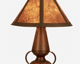 54
An Arts And Crafts Hammered Copper Table Lamp
First-quarter 20th Century
The Arts and Crafts table lamp with a conical hammered copper shade with six mica panels on a two-light hammered copper base with a tapered body raised on a domed foot with two curved handles, electrified
Overall: 22" H x 16" Dia.
Estimate: $500 - $700