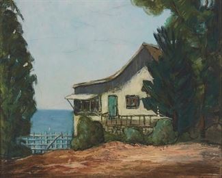 61
Virginia B. Woolley
1884-1971, Laguna Beach, CA
"House By The Sea" (Mr. Harper's House)
Oil on canvas
Signed lower right: Virginia Woolley, titled on an artist's label affixed verso
12" H x 12" W
Estimate: $800 - $1,200