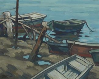 62
Richmond Kelsey
1905-1987, Oxnard, CA
"The Old Boats," 1930
Oil on canvas
Signed and dated lower left: Richmond Irwin Kelsey, titled by repute
16" H x 20" W
Estimate: $500 - $700