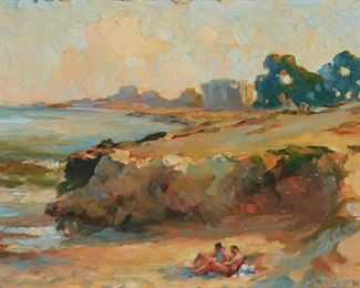 63
Joseph Areno
1950-2006, Canadian/American
"Goleta Beach, Santa Barbara," 1986
Oil on masonite
Signed and dated lower right: Joseph R. Areno, signed and dated again and titled verso, and with the artist's thumbprint wax seal
16" H x 21" W
Estimate: $1,000 - $1,500