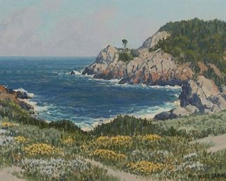 66
Carl Sammons
1883-1968, Oakland, CA
"Point Lobos - Carmel By The Sea"
Oil on canvasboard
Signed lower right: Carl Sammons, titled on the stretcher
12" H x 16" W
Estimate: $1,500 - $2,000