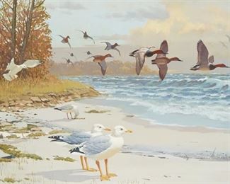 69
Lee LeBlanc
1913-1988, Iron River, MI
Ducks And Gulls Along The Shore
Oil on masonite
Signed lower right: LeBlanc, and with the copyright symbol
26" H x 42" W
Estimate: $1,500 - $2,500