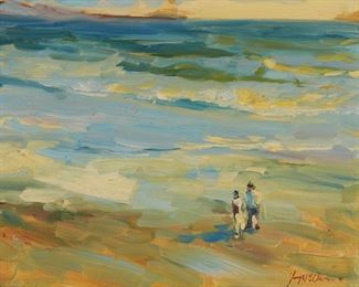68
Joseph Areno
1950-2006, Canadian/American
"Biltmore Beach, Santa Barbara," 1987
Oil on masonite
Signed and dated lower right: Joseph R. Areno, signed and dated again and titled verso, and with the artist's thumbprint wax seal
15.25" H x 19.25" W
Estimate: $800 - $1,200