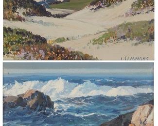 70
Carl Sammons (1883-1968, Oakland, CA) Two Works
"Sand Dunes Pacific Grove Calif.," 1948
Oil on board
6" H x 8" W
Signed lower right: C. Sammons, signed again, titled and dated verso
"Carmel Coast," 1948
Oil on board
6" H x 8" W
Signed lower right: Sammons, signed again, titled and dated verso
Estimate: $800 - $1,200
