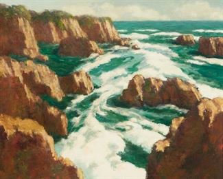 71
Arthur Harold Knott
1883-1977, Morro Bay, CA
"Sea Foam Symphony," Circa 1930s
Oil on canvas
Signed lower right: A. Harold Knott, signed again, titled and inscribed on the stretcher: "Morro Bay California," dated on a gum label affixed to the frame verso
30" H x 36" W
Estimate: $1,000 - $2,000