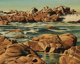 72
Frank J. Gavencky
1888-1966, Ramona, CA
Seascape
Oil on masonite
Signed lower right: Frank J. Gavencky
24" H x 30" W
Estimate: $1,500 - $2,000
