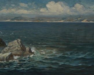 73
Nels Hagerup
1864-1922, San Francisco, CA
"Monterey Bay Looking Towards Del Monte"
Oil on canvas laid to waxed canvas
Signed lower left: N. Hagerup, titled on the stretcher
18" H x 30" W
Estimate: $800 - $1,200