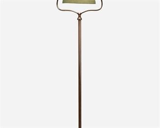 84
A Handel Harp Floor Lamp
First-quarter 20th Century; Meriden, Connecticut
Shade signed: Handel / Brown / 6068 1/2; Base signed: Handel [cloth label]
The green chipped ice finished glass shade on a single-light patinated metal harp base with plain stem and pivoting socket raised on a stepped circular foot, electrified
Overall: 57" H x 10" Dia.; Shade: 10" Dia.
Estimate: $1,000 - $1,500