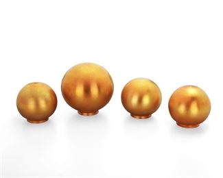97
Four Quezal Art Glass Orb Shades
First-quarter 20th Century
Each signed: Quezal
Each shade gold iridescent art glass, comprising three small orbs and one large orb, 4 pieces
Larger: 8" Dia.; Smaller: 6" Dia.
Estimate: $800 - $1,200