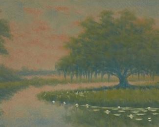 103
Alexander John Drysdale
1870-1934, New Orleans, LA
Oak Trees In The Bayou
Oil wash on board under glass
Signed lower left: A.J. Drysdale
Board: 12" H x 26" W; Sight: 11.75" H x 25.75" W
Estimate: $1,500 - $2,000