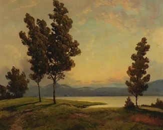105
Robert William Wood
1889-1979, Bishop, CA
Trees In A Lakeside Landscape
Oil on canvas laid to canvas backed by card
Signed lower left: Robt. Wood, titled illegibly in pencil "... Sunset" on the stretcher
24" H x 30" W
Estimate: $2,000 - $3,000