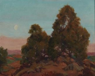 106
Orrin A. White
1883-1969, Pasadena, CA
Trees In A Landscape At Moonrise
Oil on board
Signed lower right: Orrin A. White
10" H x 12" W
Estimate: $700 - $900