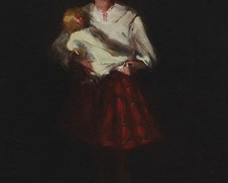 118
Henrietta Mary Shore
1880-1963, Carmel, CA
Child Holding A Doll
Oil on canvas laid to canvas
Appears unsigned
16" H x 12.25" W
Estimate: $2,000 - $3,000