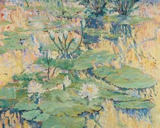 119
Maria Del Carmen Calvo
20th/21st Century, Capistrano Beach, CA
"Waterlilies," 1990
Oil on canvas
Signed lower right: Calvo, signed again, dated, titled, numbered and inscribed verso: #38 / "Reproduction Rights reserved by the artist"
50" H x 50" W
Estimate: $2,000 - $3,000