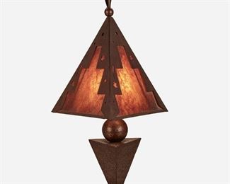 121
An American Art Deco Copper Table Lamp
Circa 1930
The geometric table lamp with a triangular shade composed of mica panels set in a textured copper frame with a stepped border and openwork star and circle designs atop a single-light textured copper sphere and inverted pyramid base raised on a stepped triangular foot and surmounted by a folded copper finial, electrified
Overall: 28.5" H x 14.25" Dia.
Estimate: $600 - $900