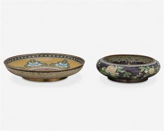 124
Two Chinese Cloisonné Table Items
Late Qing Period (1636–1912)
One with reign mark
Each polychrome enamel cloisonne, comprising one charger with lozenge border and blue floral motif on a yellow ground with stars centering a blessing symbol and one footed low bowl with floral sprays on a cobalt blue ground with light blue and yellow scrolled border, 2 pieces
Larger: 2.75" H x 15" Dia.; Smaller: 3.5" H x 12" Dia.
Estimate: $400 - $600