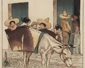 125
Helen Hyde
1868-1919, Pasadena, CA
"An Interlude," 1912
Color woodcut on paper under glass
Signed and numbered in pencil lower right: Helen Hyde / 187, inscribed in the plate lower left: "Copyright. 1912 by Helen Hyde," and with the artist's device
Sight: 11.75" H x 13.25" W; Image: 11.25" H x 12.75" W
Estimate: $600 - $800