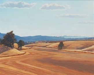 126
Ray Strong
1905-2006, Santa Barbara, CA
Fields And Clouds In A Landscape
Oil on masonite
Signed lower right: Ray Strong
15" H x 30" W
Estimate: $2,000 - $3,000