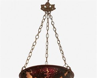 131
A Gallé Cameo Glass Pendant Chandelier
First-quarter 20th Century; Nancy, France
Signed: Galle
The acid-etched cameo glass domical shade with floral motifs cut from purple to pink frost fitted with three light sockets, finished with wrought iron hardware and canopy, and suspended from three chain link harnesses, electrified
30" H x 15.5" Dia.
Estimate: $500 - $700