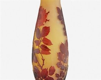 139
A Gallé Cameo Glass "Wild Rose" Vase
Late 19th/early 20th Century; Nancy, France
Signed: Galle
The acid-etched cameo glass tapered "Wild Rose" vase with flared rim cut from red to yellow frost
12.5" H x 4.375" Dia.
Estimate: $600 - $800