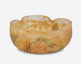 144
A Daum Cameo Glass And Enameled Bowl
20th Century
Signed: Daum Nancy / France [Croix de Lorraine]
The acid-etched cameo glass quatrefoil-shaped bowl cut to orange and clear glass and with enameled floral motif
2.5" H x 6" Dia.
Estimate: $600 - $800