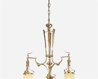 149
An Art Nouveau Gilt-Bronze Chandelier
First-quarter 20th Century
The gilt-bronze chandelier with tri-form column issuing three arms terminating in pale yellow tapered gass shades and suspended from a chain link harness, electrified
48.5" H x 19" W x 19" D
Estimate: $800 - $1,200