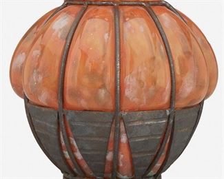 156
A French Wrought Iron Mounted Art Glass Vase
Second-quarter 20th Century
Appears unsigned
Likely Charles Schneider, the Art Deco spherical vase with mottled orange, green, and white glass blown in a wrought iron cage with triangular panels
9.5" H x 9" Dia.
Estimate: $500 - $700