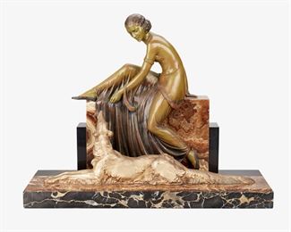 160
Armand Lemo
1881-1935, French
Woman Seated With Greyhound
Gilt and cold painted bronze, marble, and onyx
Signed: Lemo
18.5" H x 24.25" W x 8.375" D
Estimate: $600 - $800