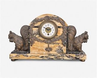 159
A French Marble Mantle Clock
First-quarter 20th Century; France
Dial marked: Made in France; Movement signed with maker's mark [unidentified]; Further marked: MRE D'Horlogerie De Bethune / Made in France
The yellow and black Brocatelle de Sienne marble mantle clock with white painted dial, Black Arabic numeral hour markers, minute track, and single train movement set in a brass bezel encircled by a gilt-spelter foliate garland and flanked by opposed gilt-spelter squirrels raised overall on four flattened ball feet
10.25" H x 18" W x 4.5" D
Estimate: $400 - $600