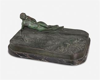 165
Milton Cohen
20th Century, American
Bronze Nude Relief Sculpture, 1926
Patinated bronze on marble base
Signed and dated: Milton Cohen / 1926; Further marked: Amer. Art F'dry N.Y.
4.5" H x 12.625" W x 9.25" D; Overall: 5.25" H x 13.375" W x 10" D
Estimate: $500 - $700