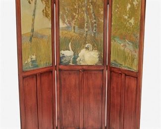 180
A Hand-Painted Dressing Screen
First-quarter 20th Century
Center panel signed: L.F.R.
The three-panel wooden dressing screen with sienna-colored painted finish and hand-painted Tonalist-style autumnal birch woodland scenes with swimming swans
72.5" H x 60.25" W x .75" D
Estimate: $1,000 - $1,500
