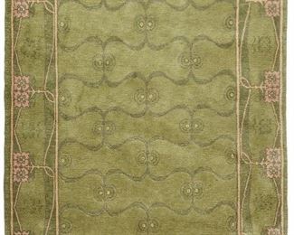 182
An English Arts And Crafts-Style Area Rug
20th Century
Wool on cotton foundation, with pink rose motif trimmed with cream-colored banding and centering a dark green wave pattern, all against a light green ground
110" L x 73" W
Estimate: $600 - $800