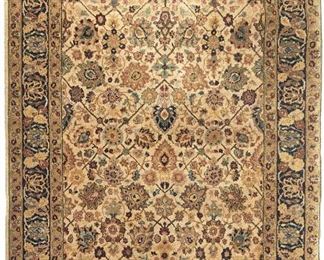 183
A Persian-Style Area Rug
20th Century
Possibly India, wool on cotton foundation, with all-over polychrome floral and foliate patterning on an ivory ground with a dark blue border
101" L x 67" W
Estimate: $600 - $800