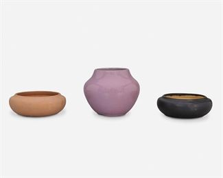187
Three California Faience Pottery Items
Circa 1915-1959; Berkeley, California
Each marked: California Faience
Comprising a wide-shouldered high gloss lavender glazed vase, a matte black glazed low bowl, and an unglazed low bowl, 3 pieces
Largest: 4.5" H x 5.75" Dia.; Smallest: 2" H x 5.625" Dia.
Estimate: $400 - $600
