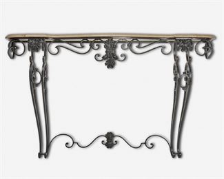 194
A Wrought Iron And Marble Console Table
Second-quarter 20th Century
The light beige marble top with ogee-shaped front over a wrought iron framework base raised on two cabriole-form legs decorated with C-scrolls and foliate motifs
35.875" H x 60" W x 17.5" D
Estimate: $800 - $1,200